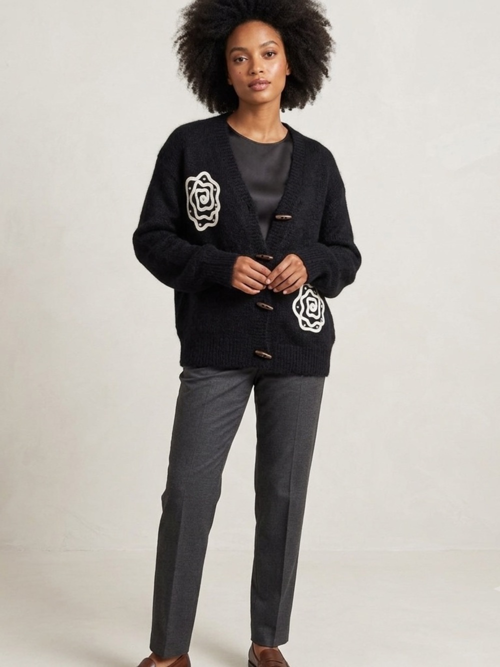 S. Christina 100% Cashmere Cardigan Black Floral Detail NWT